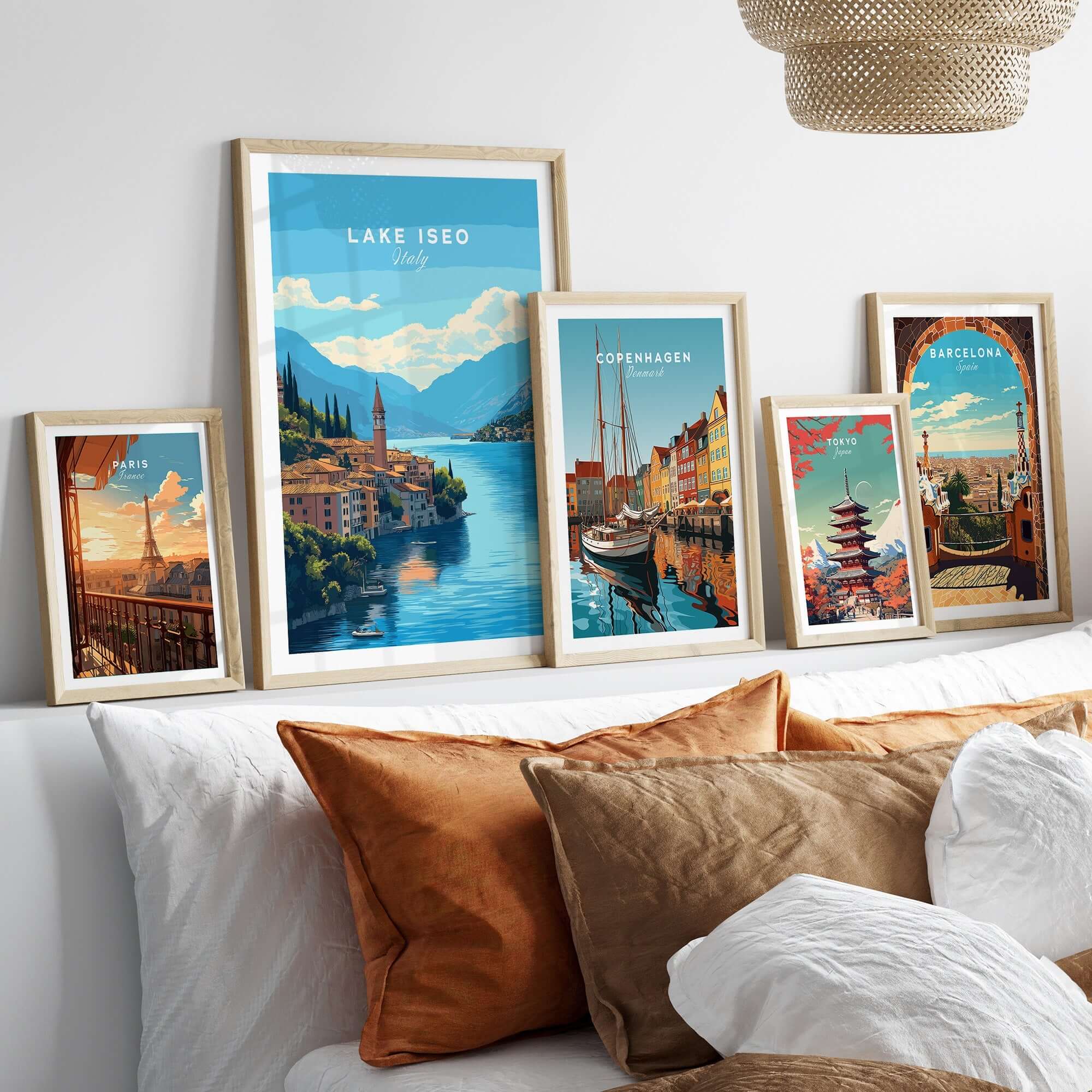 Lake Iseo Travel Print in a modern home setting, showcasing vibrant colors and scenic views of Lake Iseo.