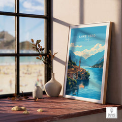 Lake Iseo Travel Print displayed in a sunlit room with a scenic view of Lake Iseo and vibrant colors.