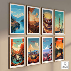 Lake Iseo Travel Print and other travel posters showcasing famous cities in vibrant colors.