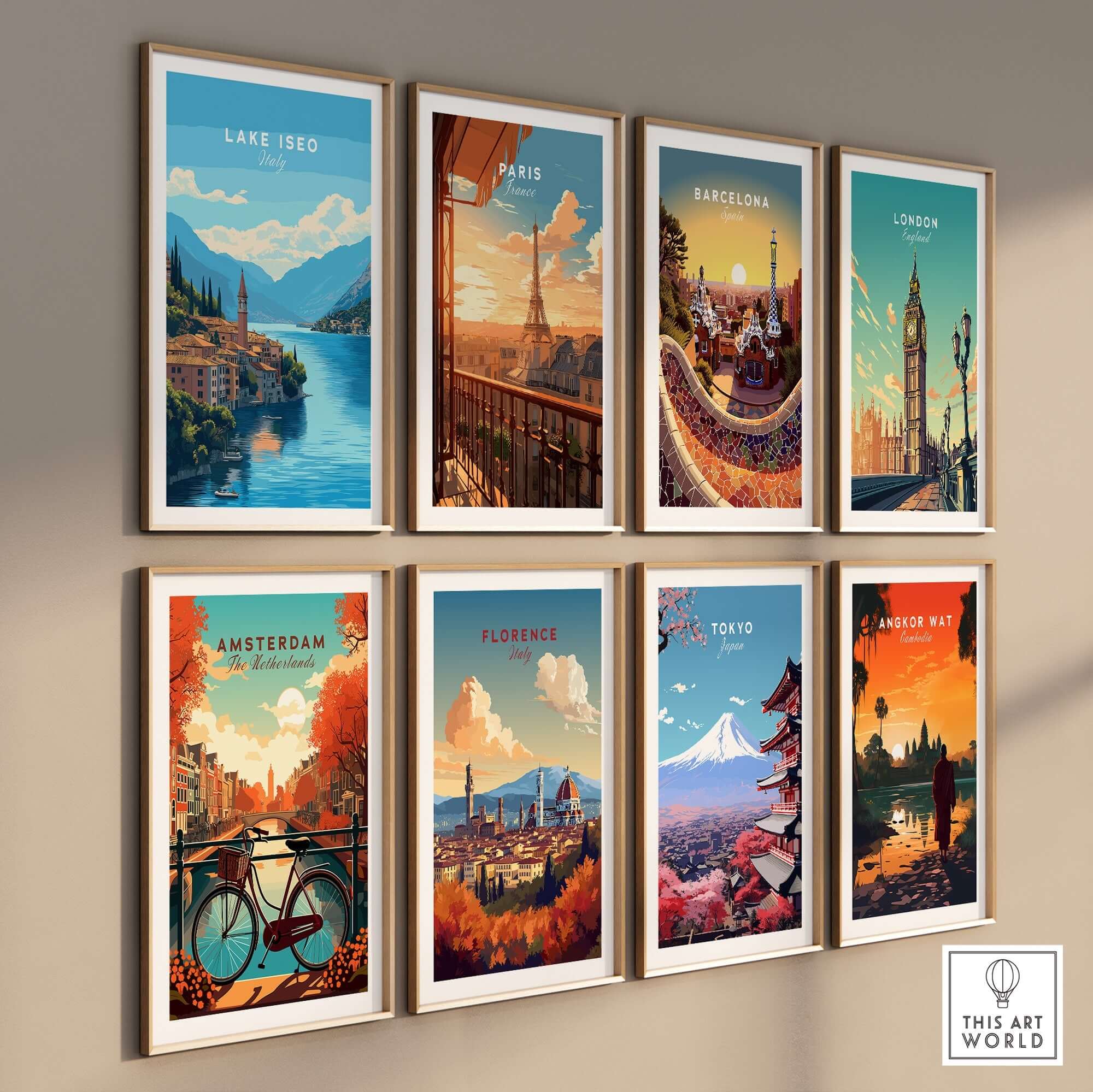 Lake Iseo Travel Print and other travel posters showcasing famous cities in vibrant colors.