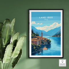 Lake Iseo Travel Print showcasing scenic views of Lake Iseo, Italy, with vibrant colors and high-quality design.