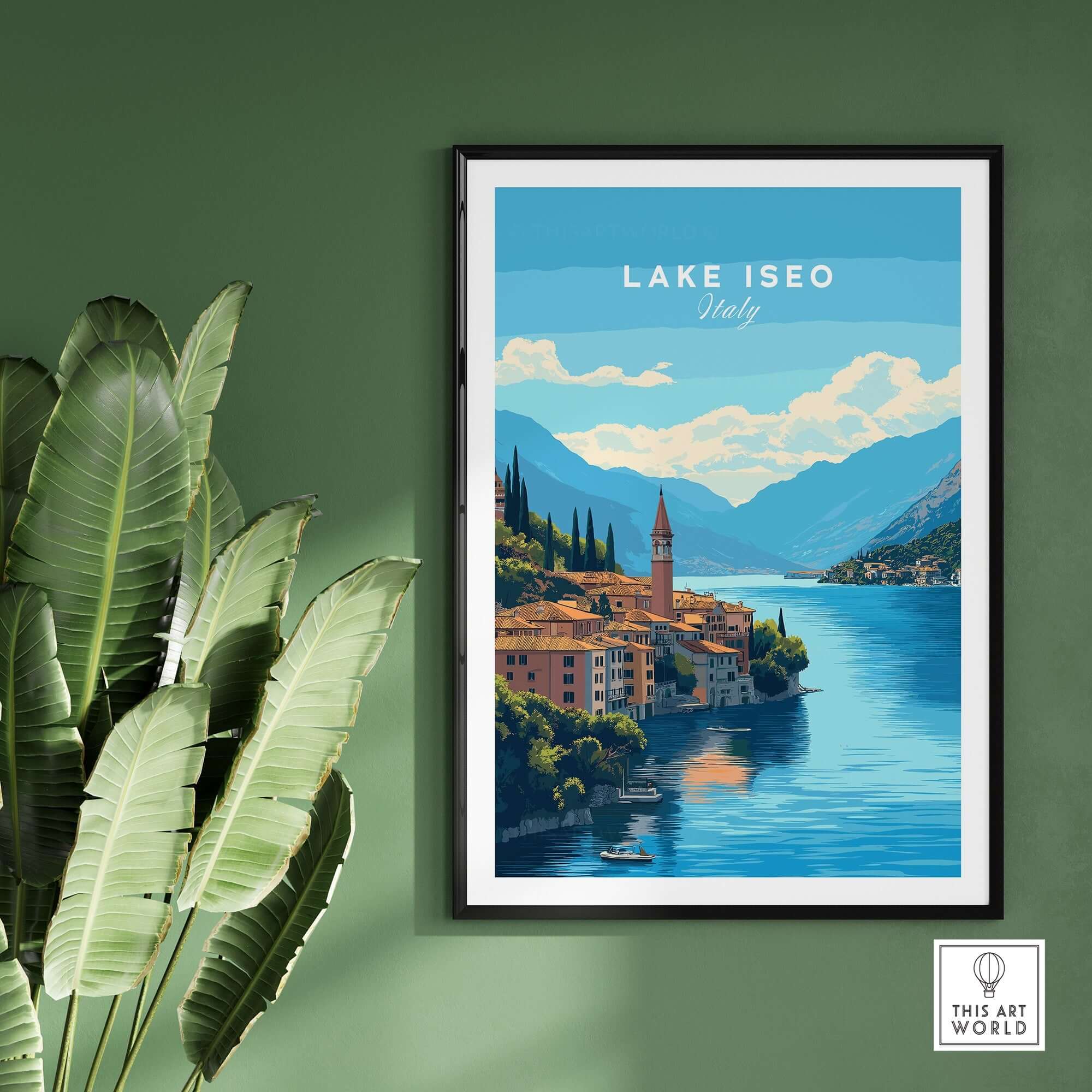 Lake Iseo Travel Print showcasing scenic views of Lake Iseo, Italy, with vibrant colors and high-quality design.