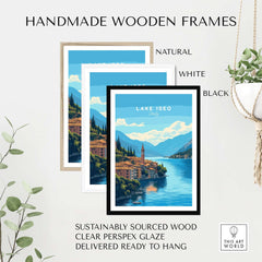 Handmade wooden frames for Lake Iseo Travel Print in natural, white, and black colors, featuring sustainable materials.