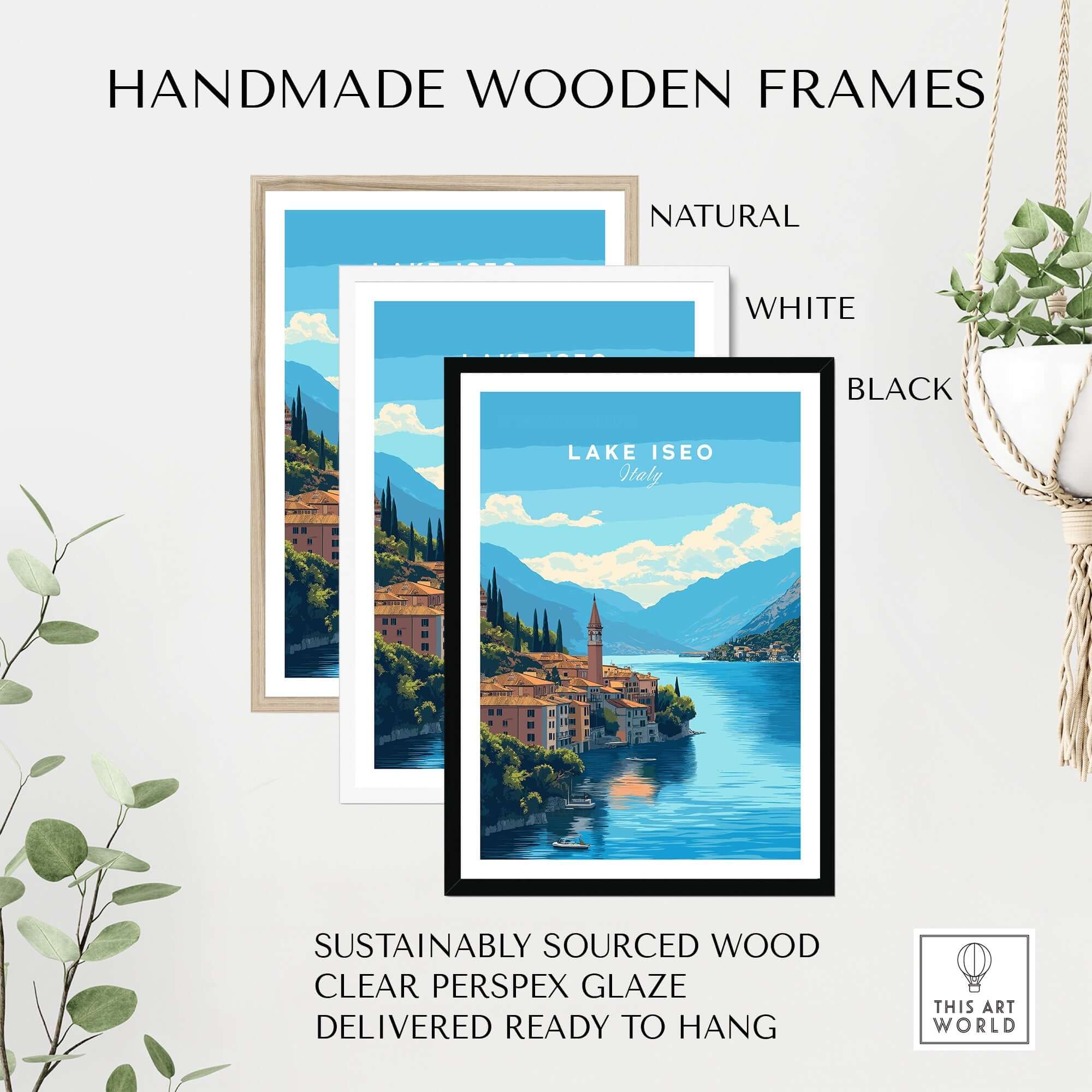 Handmade wooden frames for Lake Iseo Travel Print in natural, white, and black colors, featuring sustainable materials.