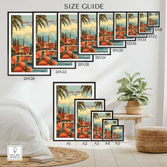 Lake Iseo Wall Art size guide showing various frame dimensions for effective display options.