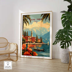 A beautiful display of Lake Iseo Wall Art featuring an Italian lakeside scene with mountains and vibrant flowers.