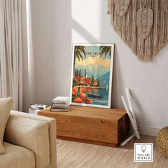 Lake Iseo Wall Art showcasing a serene lakeside scene with vibrant colors and mountains in the background.