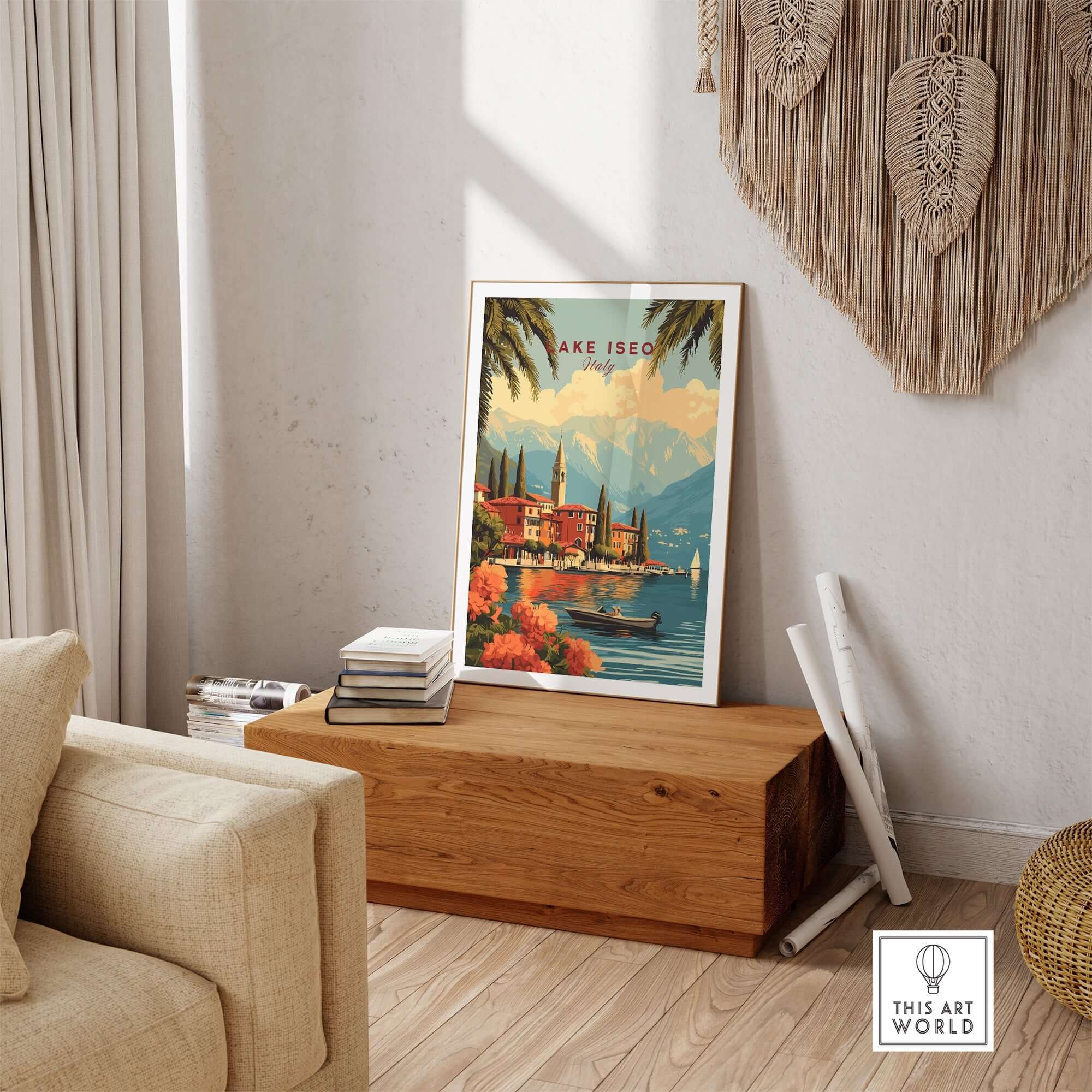 Lake Iseo Wall Art showcasing a serene lakeside scene with vibrant colors and mountains in the background.