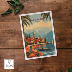 Lake Iseo Wall Art featuring a vintage landscape of Lake Iseo, Italy, with vibrant flowers and mountains.