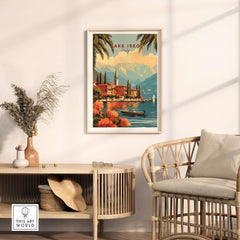 Lake Iseo Wall Art displayed in a modern living room, featuring vibrant colors and serene lakeside scenery.