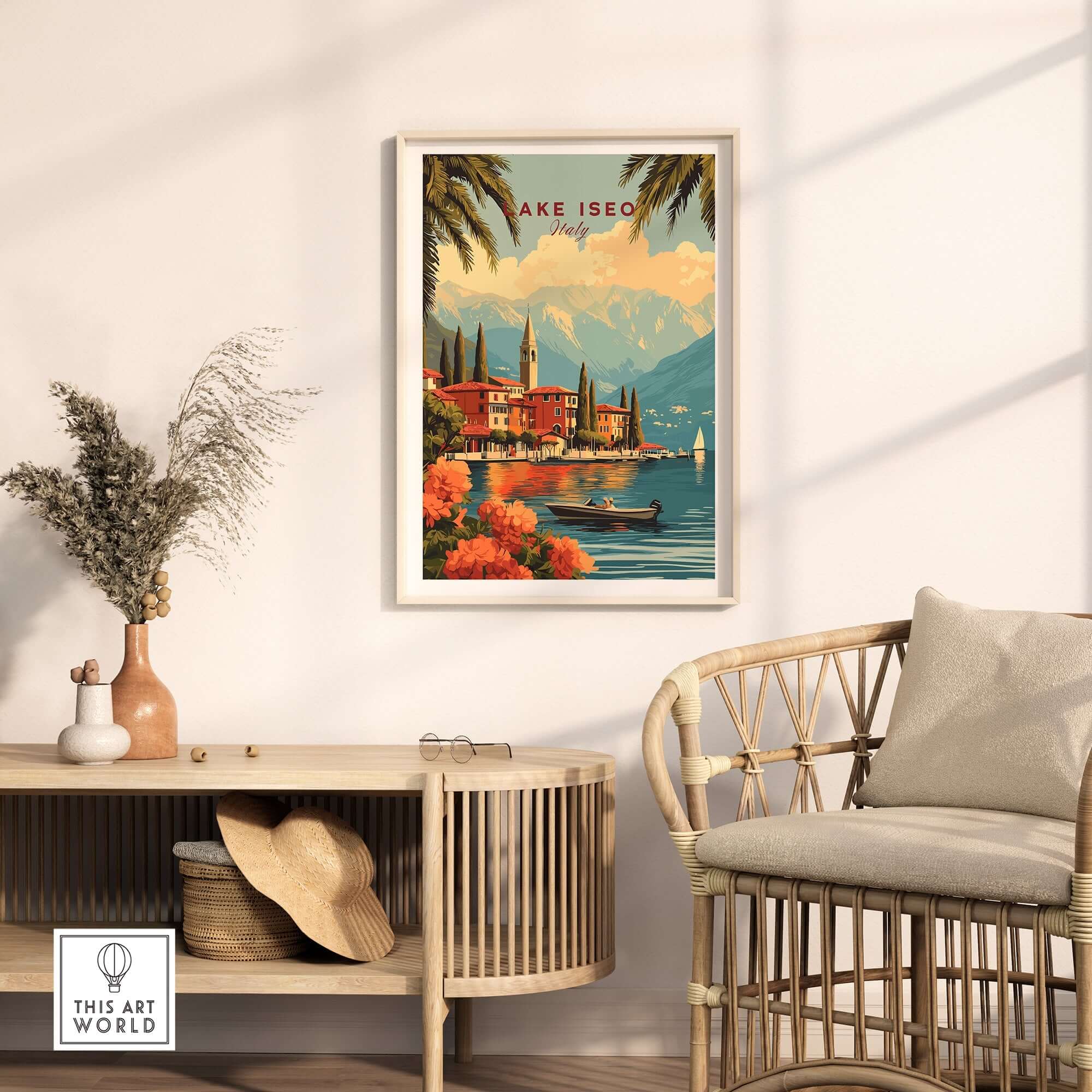 Lake Iseo Wall Art displayed in a modern living room, featuring vibrant colors and serene lakeside scenery.