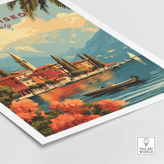 Lake Iseo Wall Art featuring a serene Italian lakeside scene with vibrant flowers and mountains.