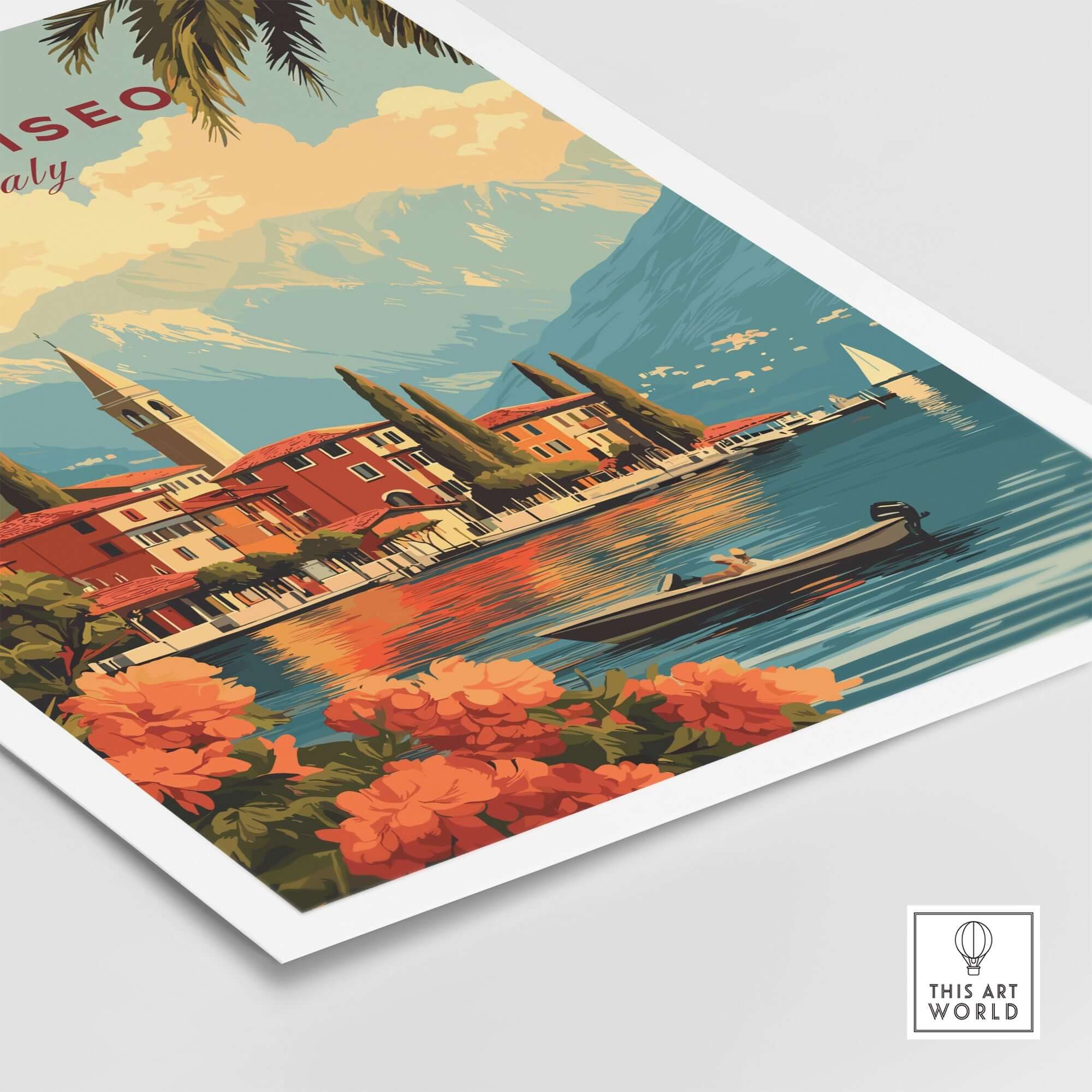 Lake Iseo Wall Art featuring a serene Italian lakeside scene with vibrant flowers and mountains.