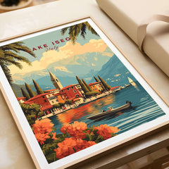 Lake Iseo Wall Art featuring vibrant colors of Italian lakeside with mountains and flowers.