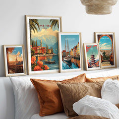 Lake Iseo Wall Art displayed alongside travel prints of Copenhagen and Barcelona, enhancing wall decor with a serene lakeside vibe.