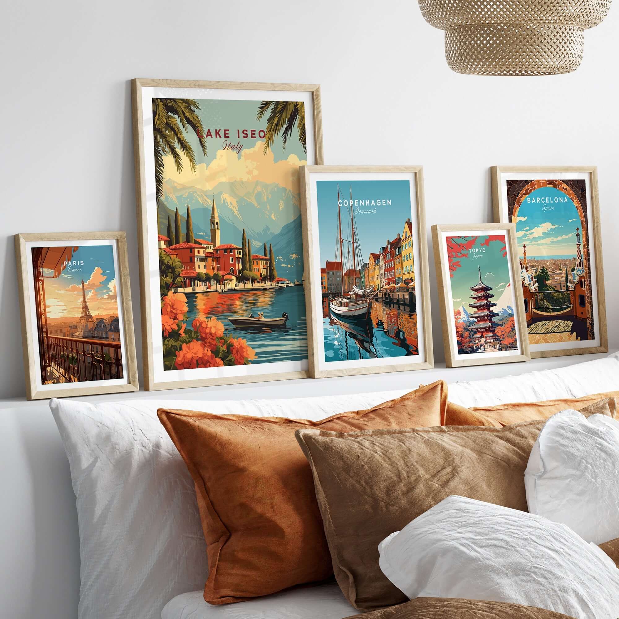 Lake Iseo Wall Art displayed alongside travel prints of Copenhagen and Barcelona, enhancing wall decor with a serene lakeside vibe.