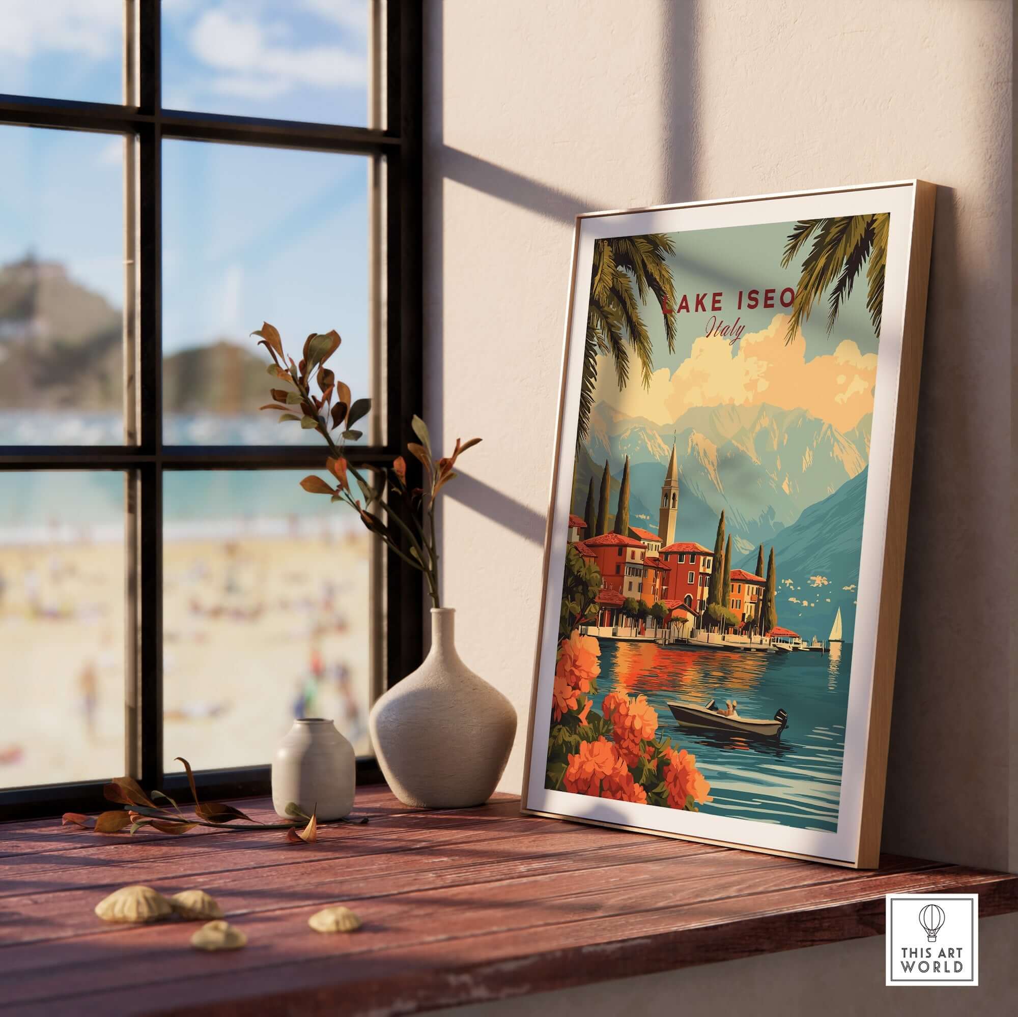 Lake Iseo Wall Art displayed near a window, illustrating the beauty of Italy's tranquil lake.
