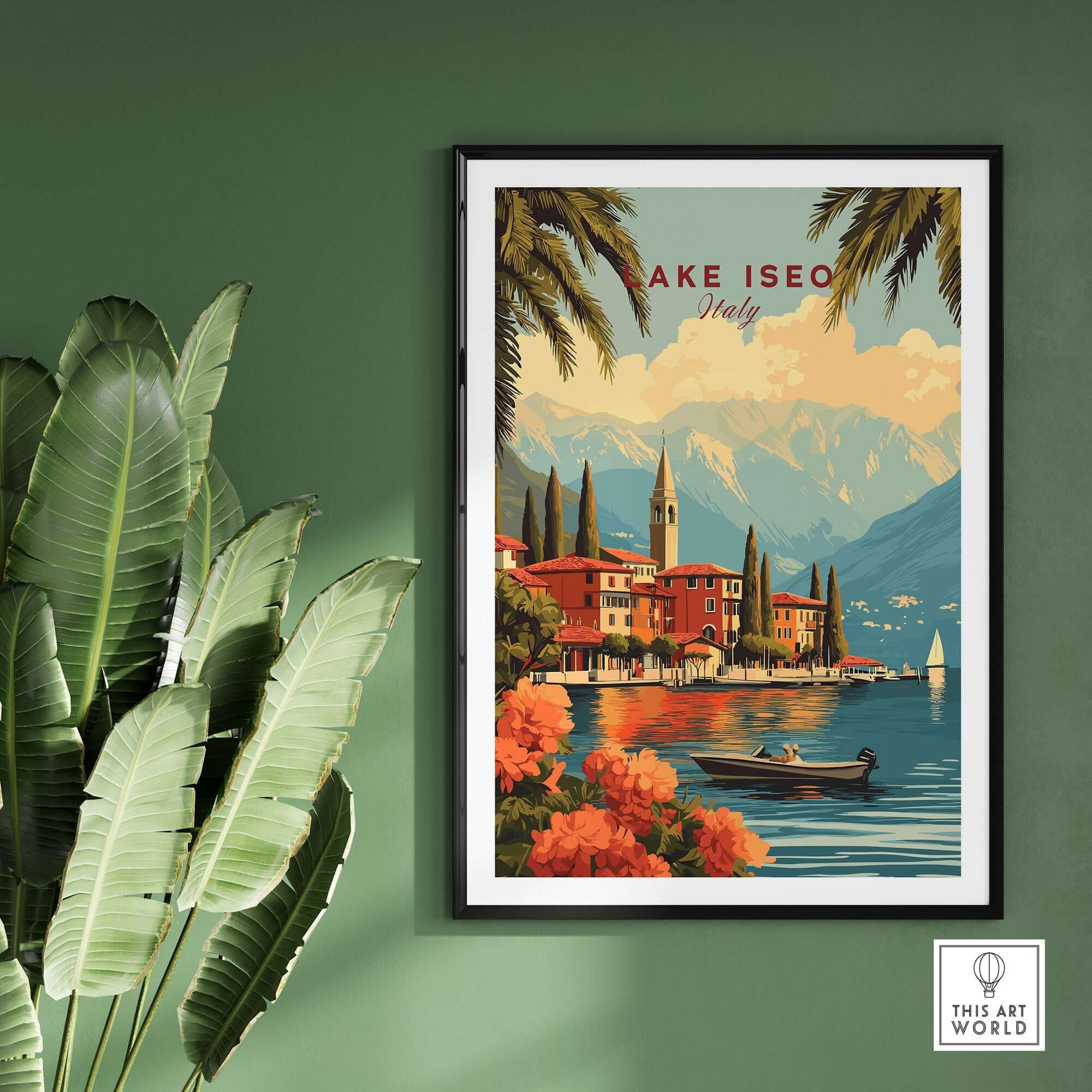 Lake Iseo Wall Art showcasing a picturesque Italian lakeside view with vibrant colors and serene nature.