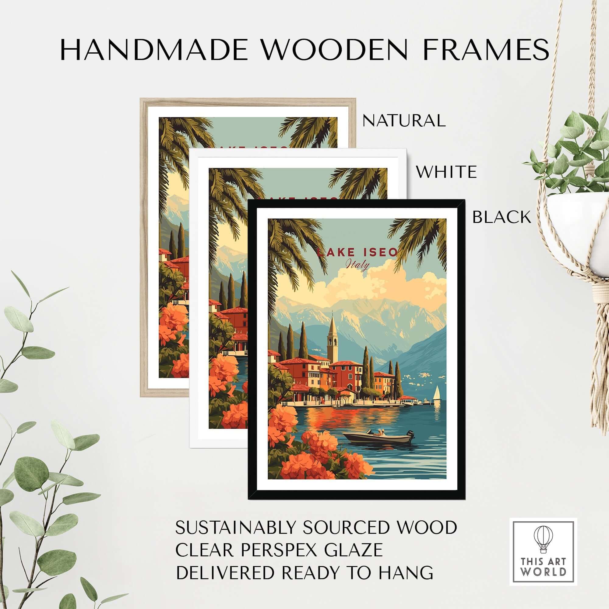 Lake Iseo Wall Art displayed in handmade wooden frames, showcasing natural, white, and black options for a stylish decor.