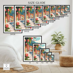 Size guide for Lake Iseo Wall Art Poster showcasing various dimensions and framing options.