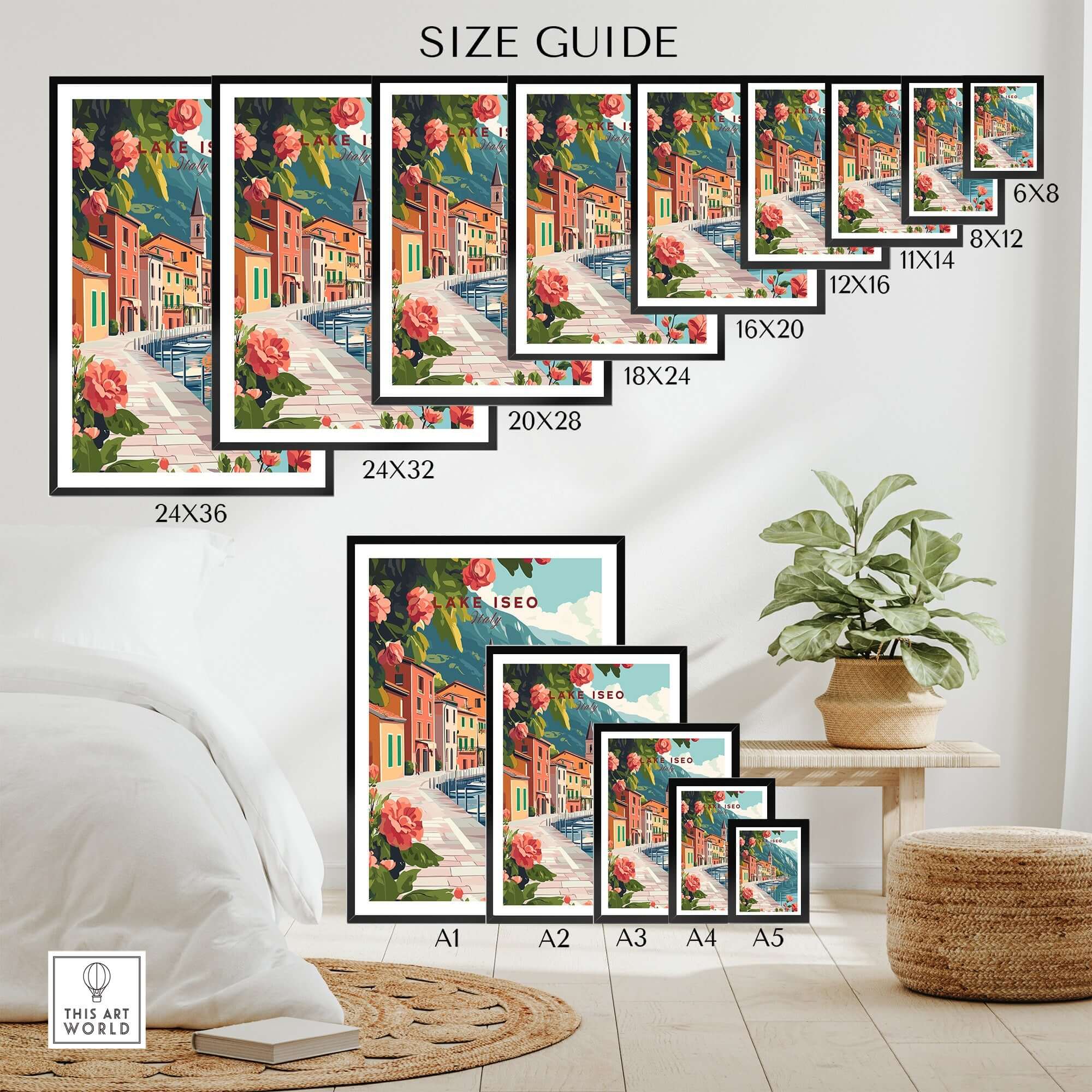 Size guide for Lake Iseo Wall Art Poster showcasing various dimensions and framing options.