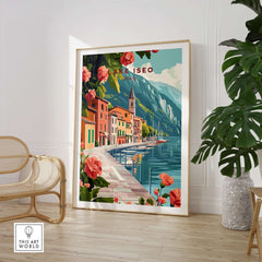 Lake Iseo Wall Art Poster showcasing the picturesque scenery of Lake Iseo with vibrant colors and floral accents.