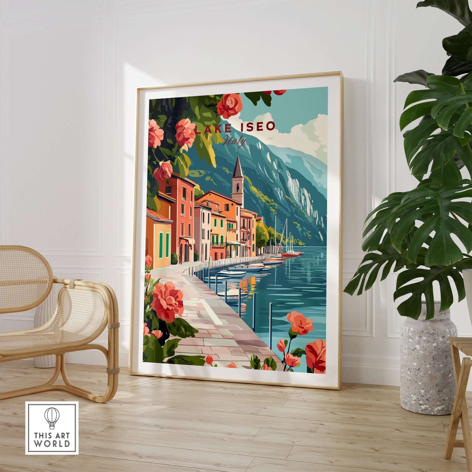 Lake Iseo Wall Art Poster showcasing the picturesque scenery of Lake Iseo with vibrant colors and floral accents.