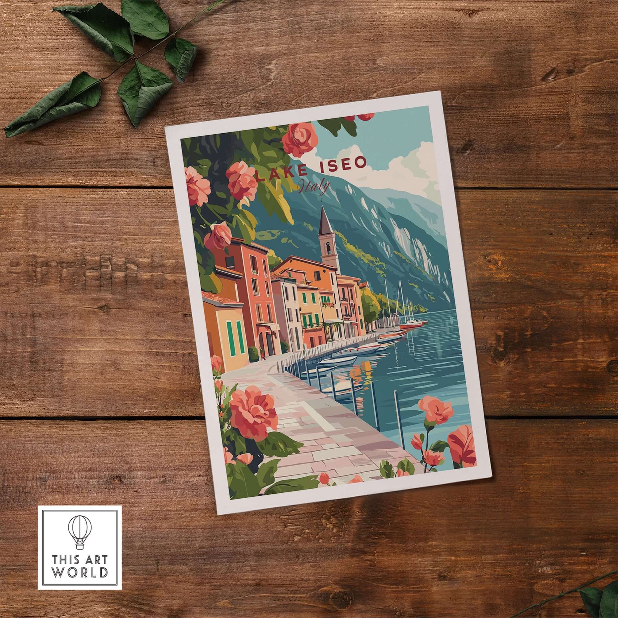 Lake Iseo Wall Art Poster showcasing vibrant lakeside scenery and charming architecture.