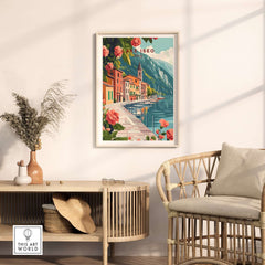 Lake Iseo Wall Art Poster showcasing the serene lake view, colorful houses, and vibrant flowers, enhancing home decor.