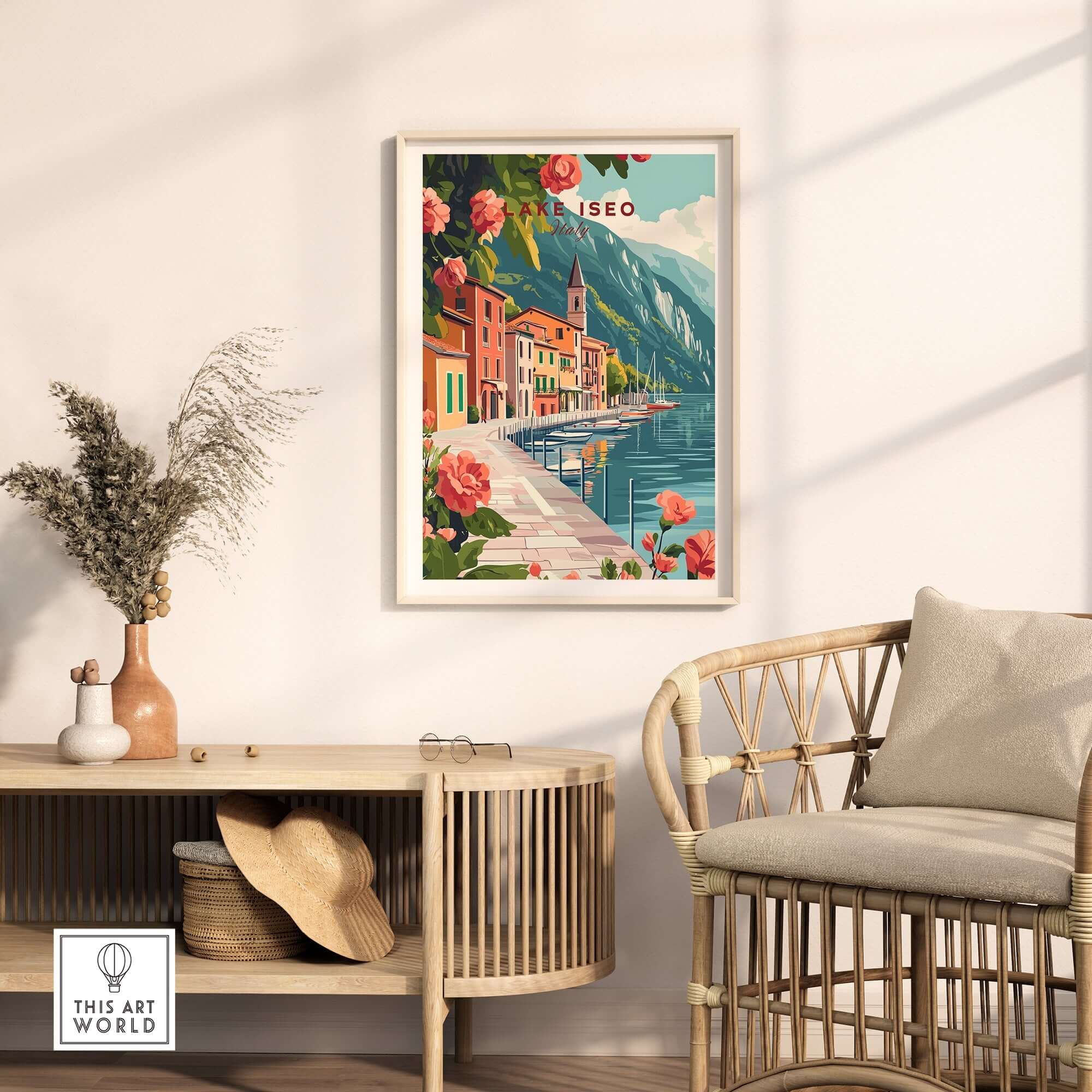 Lake Iseo Wall Art Poster showcasing the serene lake view, colorful houses, and vibrant flowers, enhancing home decor.