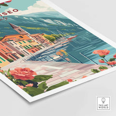 Lake Iseo Wall Art Poster showcasing vibrant colors and serene lake view with charming buildings in Italy.
