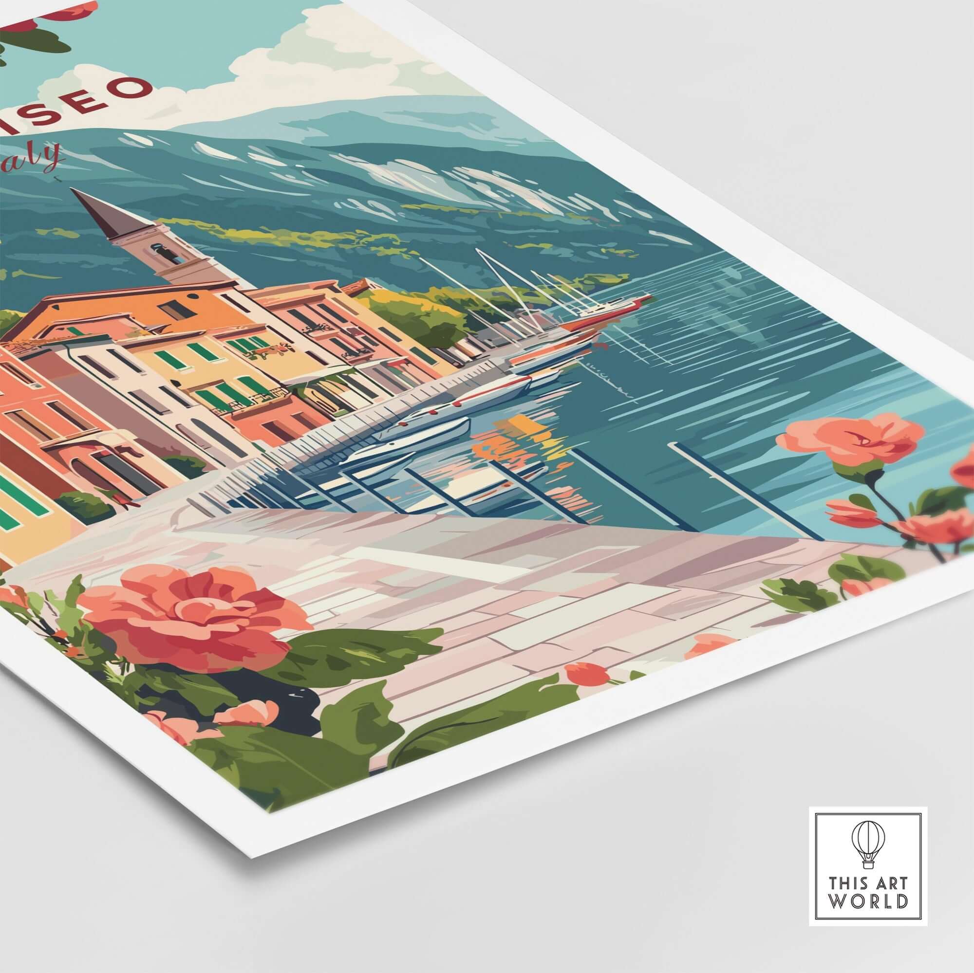 Lake Iseo Wall Art Poster showcasing vibrant colors and serene lake view with charming buildings in Italy.
