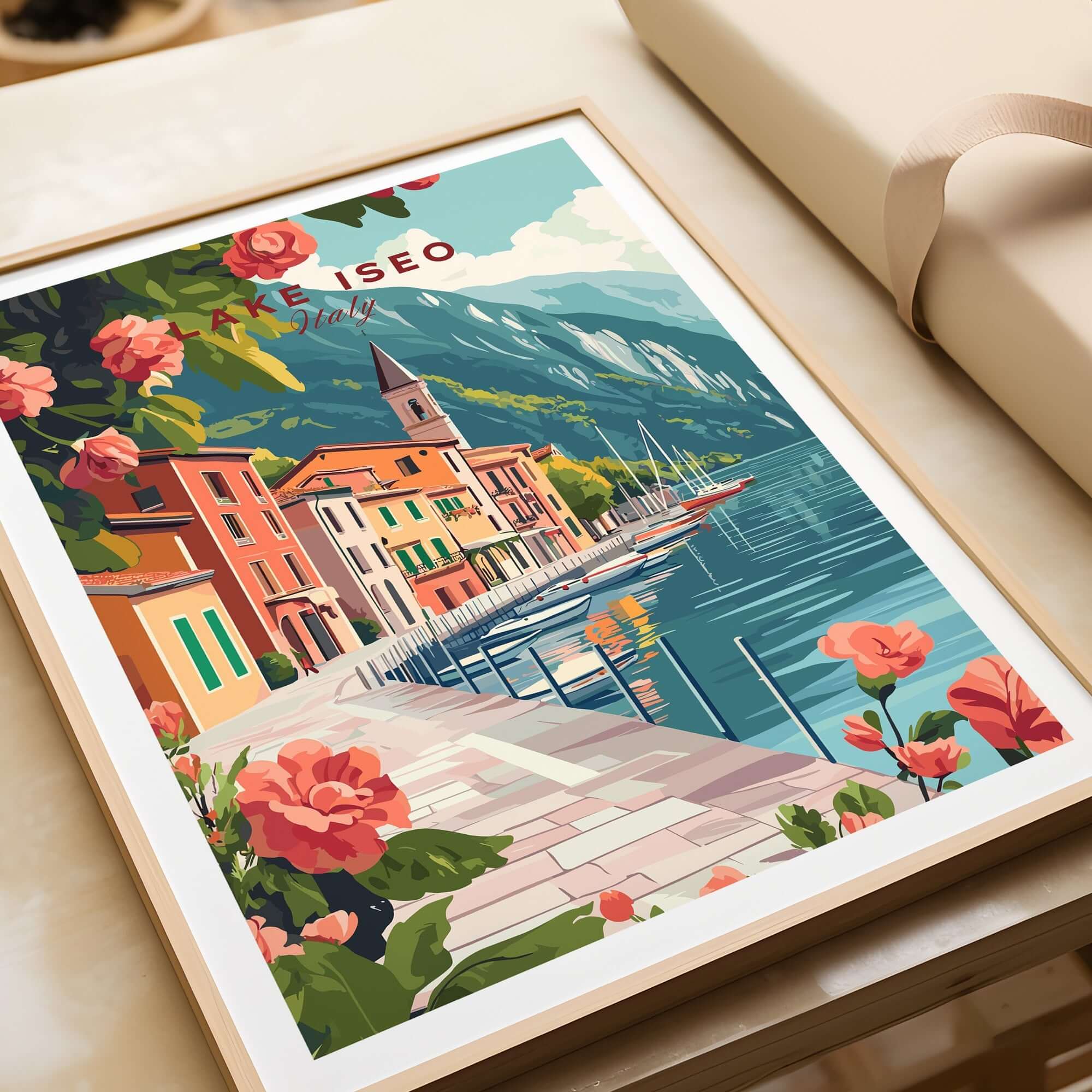 Lake Iseo Wall Art Poster featuring colorful buildings and serene lake views in Italy.