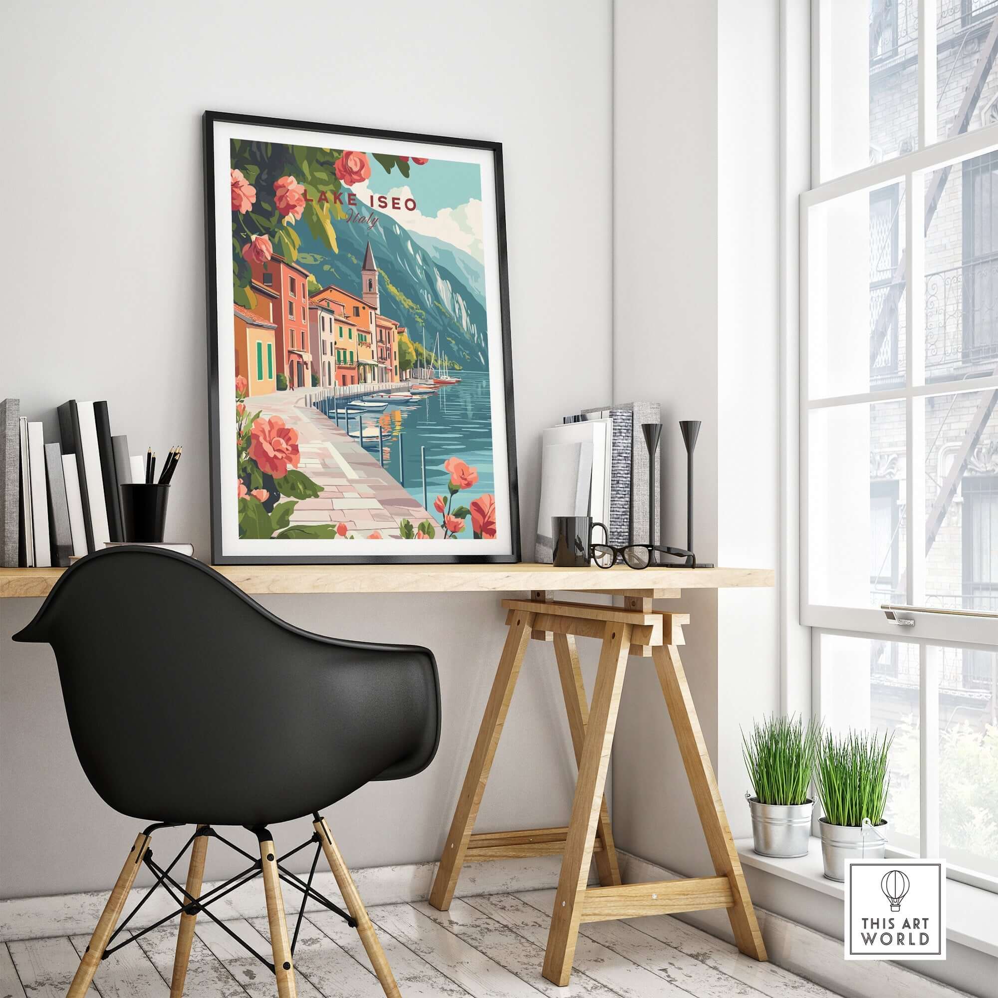 Lake Iseo Wall Art Poster displayed in a modern office setting, highlighting its beauty and charm.