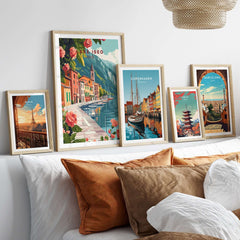 Lake Iseo Wall Art Poster displayed among other city prints in a stylish home decor setting.