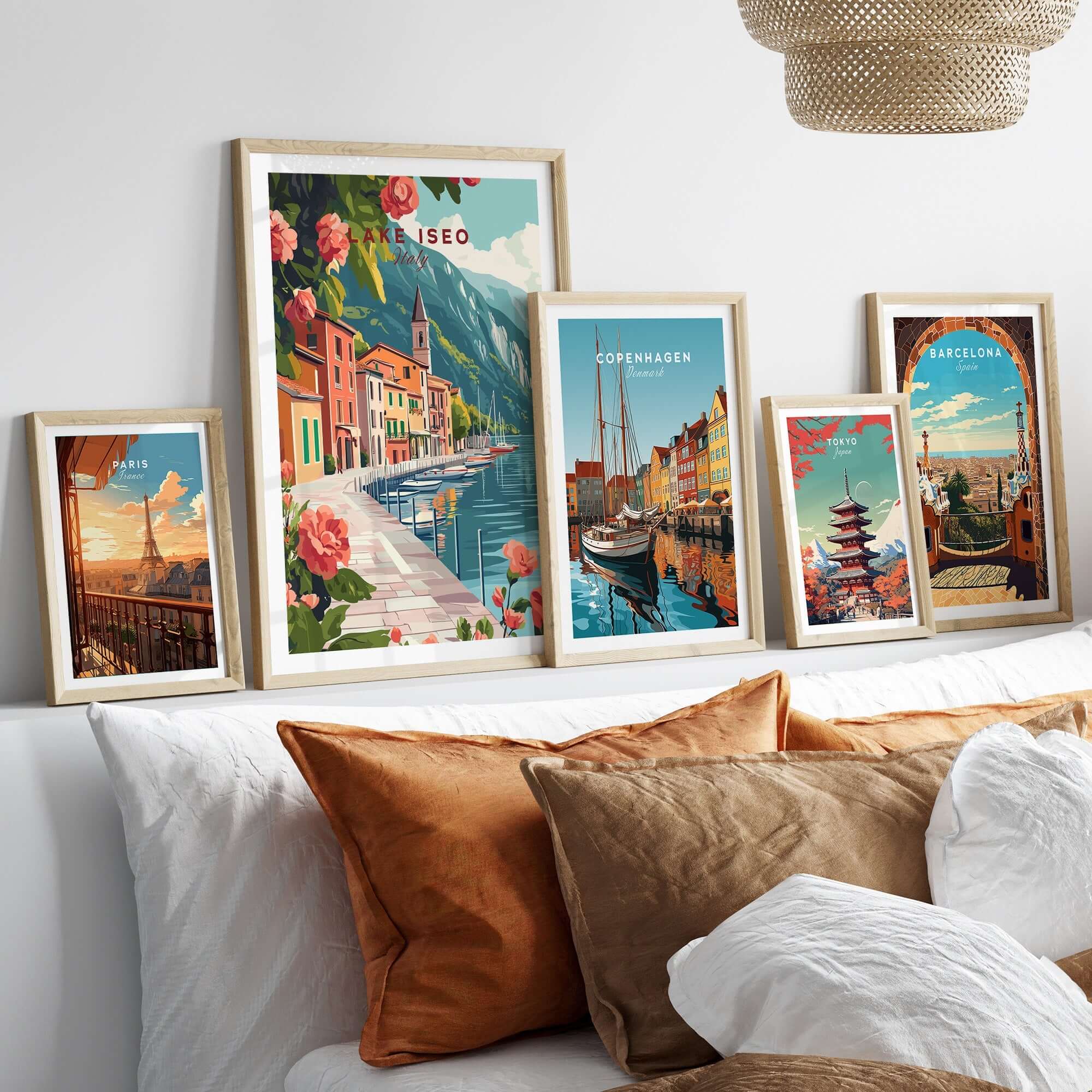 Lake Iseo Wall Art Poster displayed among other city prints in a stylish home decor setting.
