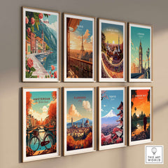 Lake Iseo Wall Art Poster collection featuring vibrant travel prints from various cities.