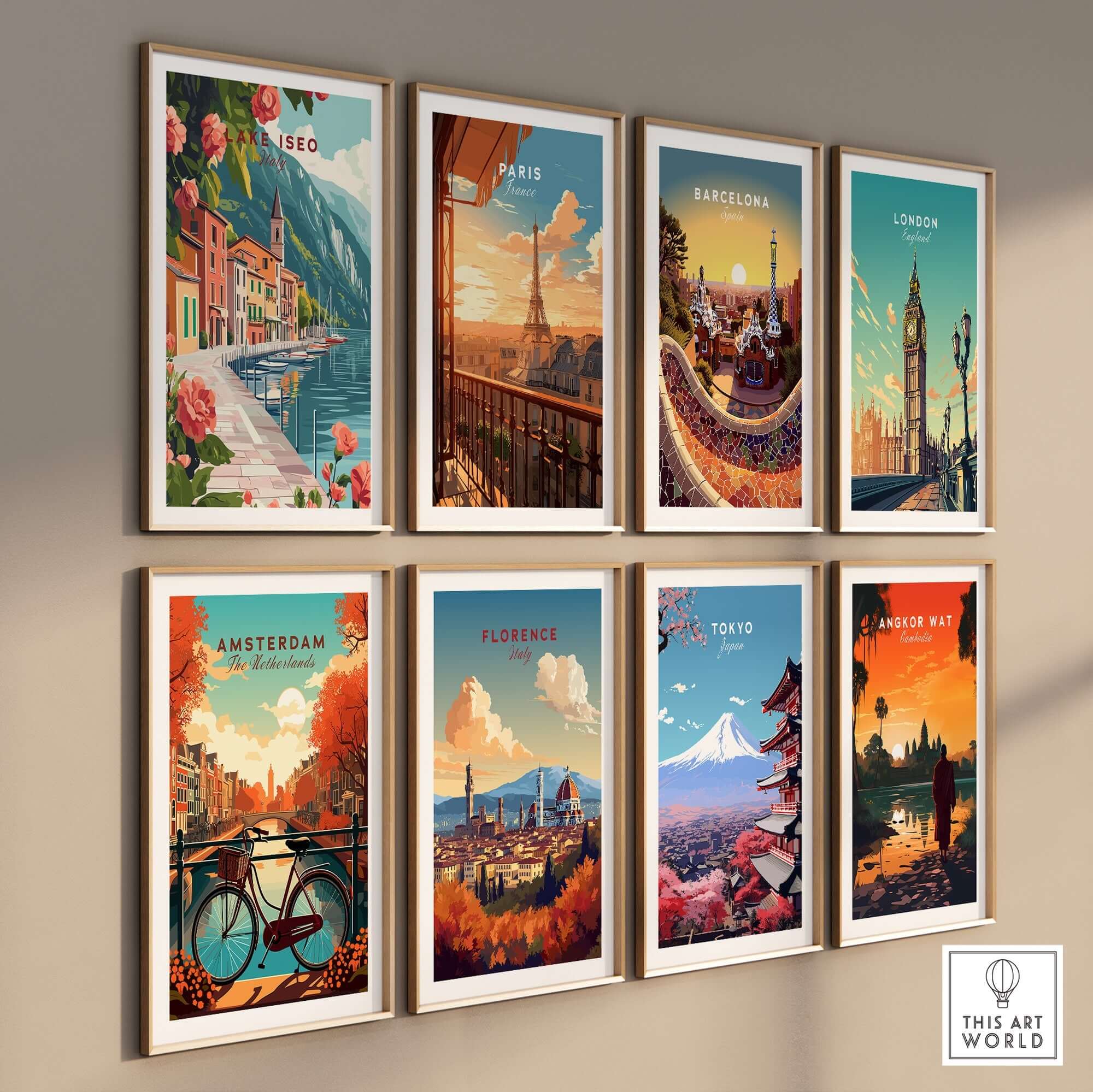 Lake Iseo Wall Art Poster collection featuring vibrant travel prints from various cities.