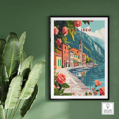 Lake Iseo Wall Art Poster featuring a scenic lakeside view and vibrant floral details.