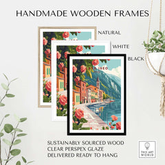 Lake Iseo Wall Art Poster displayed in handmade wooden frames in natural, white, and black colors.
