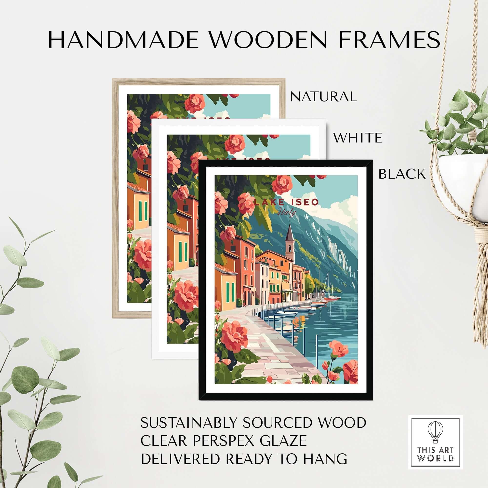 Lake Iseo Wall Art Poster displayed in handmade wooden frames in natural, white, and black colors.