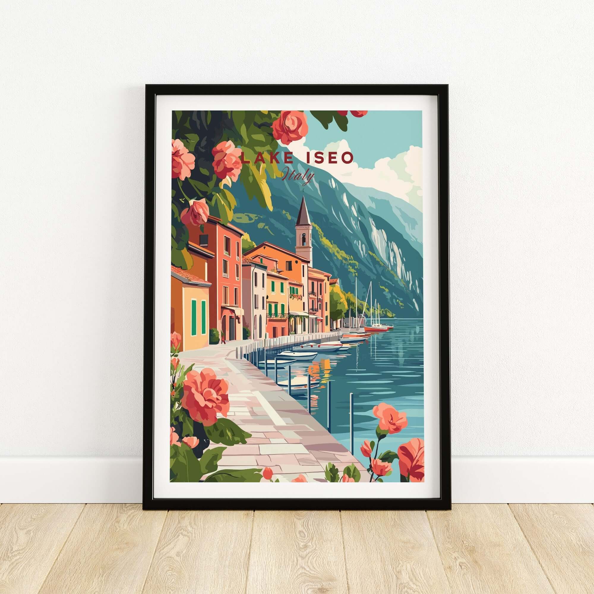 Lake Iseo Wall Art Poster showcasing vibrant lakeside scenery with colorful buildings and flowers.