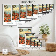 Lake Iseo Wall Art Print size guide showcasing various dimensions for home decor.