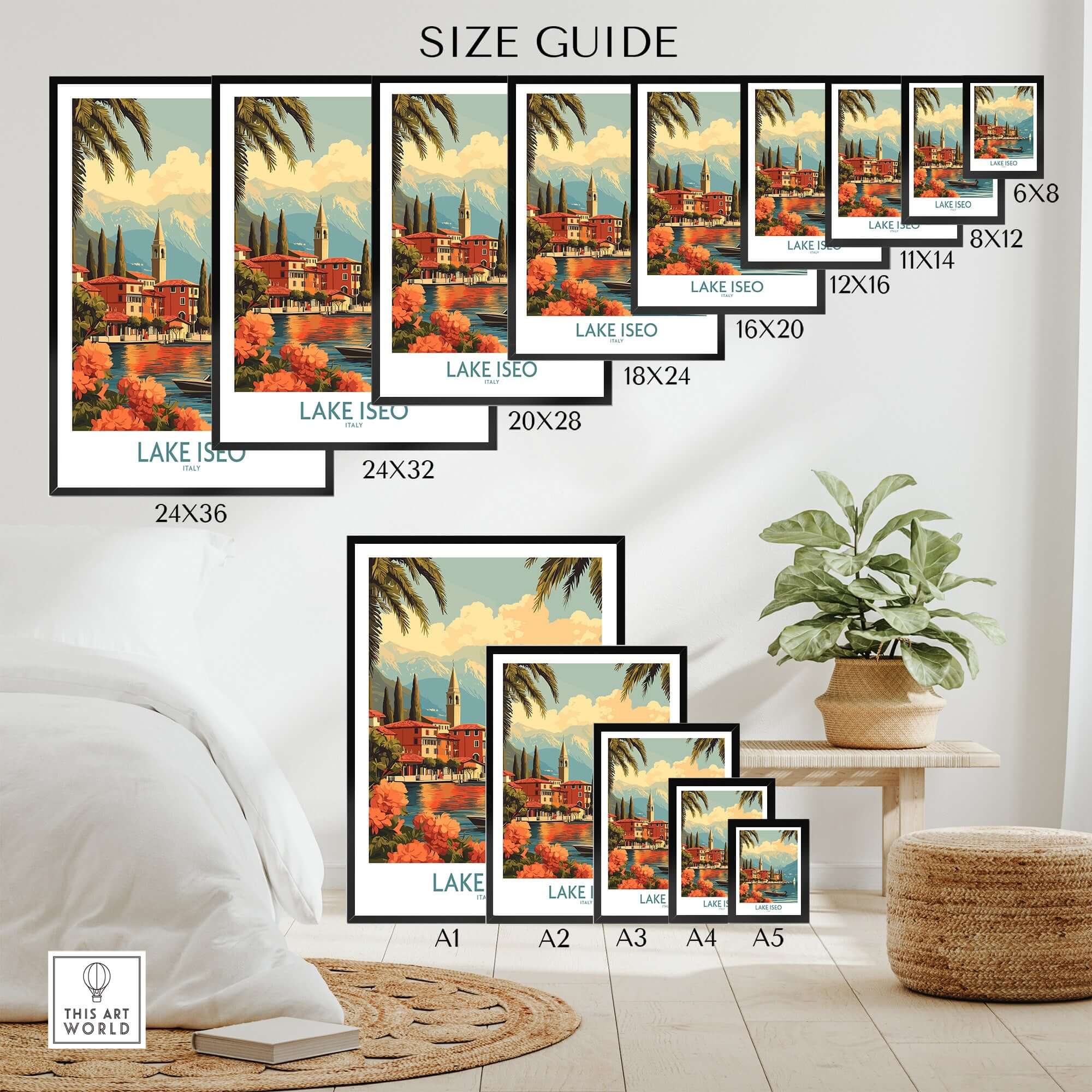 Lake Iseo Wall Art Print size guide showcasing various dimensions for home decor.