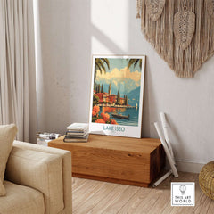 Lake Iseo Wall Art Print featuring a serene lakeside view in a cozy home setting.