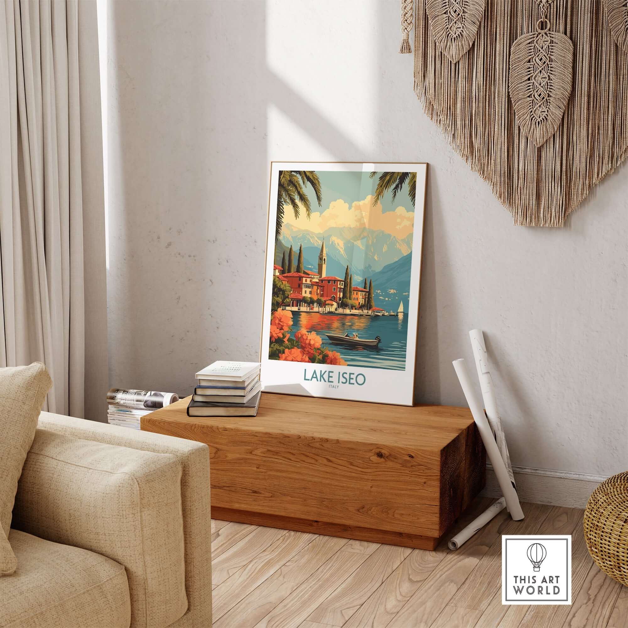 Lake Iseo Wall Art Print featuring a serene lakeside view in a cozy home setting.