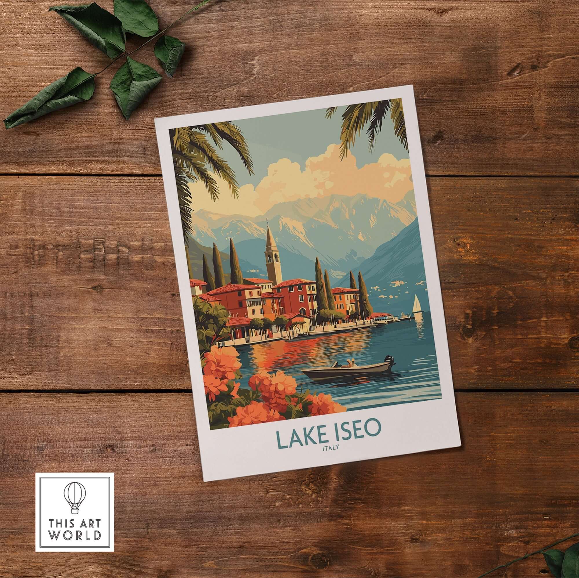 Lake Iseo Wall Art Print featuring serene lakeside view and vibrant colors, perfect for home decor.