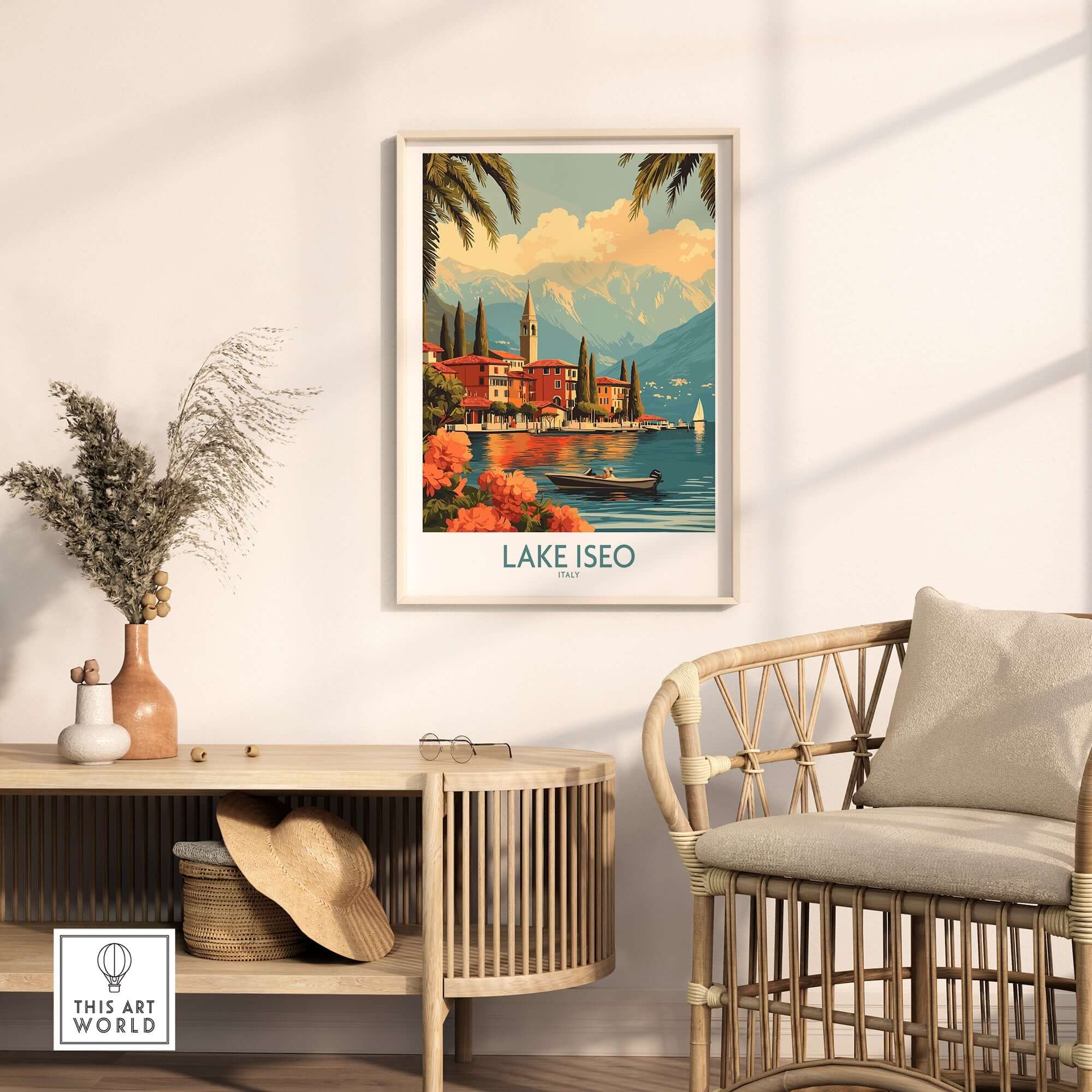 Lake Iseo Wall Art Print showcasing a serene lakeside view in a stylish living room decor.