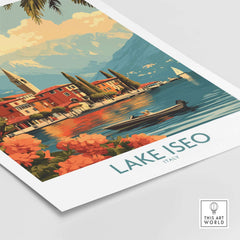 Lake Iseo Wall Art Print showcasing a vibrant lakeside scene with mountains and colorful flowers.
