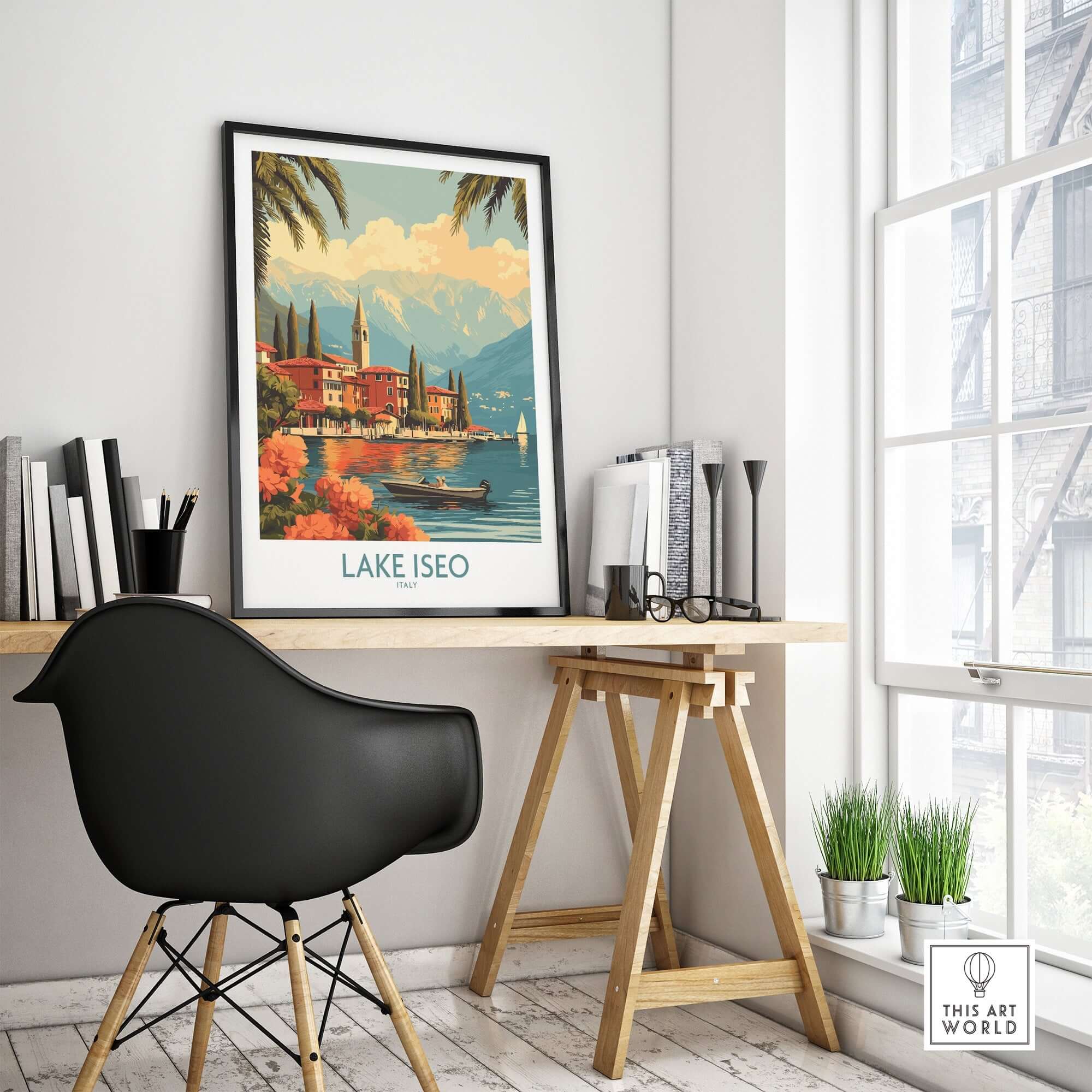 Lake Iseo Wall Art Print displayed in a stylish study, enhancing the serene ambiance of the room.